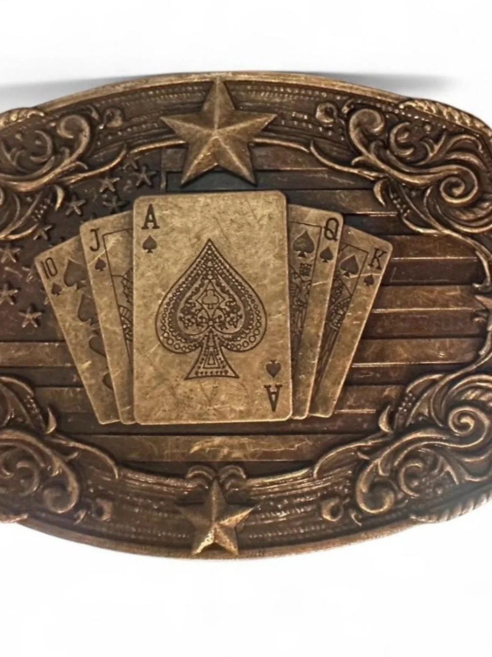 Western poker brass belt with floral embossed genuine leather
